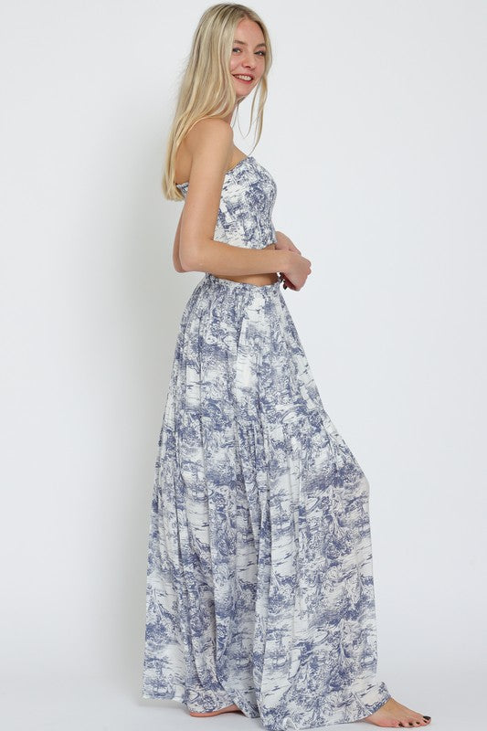 ESA61265H ELASTIC SMOCKED TUBE TOP&TIERED MAXI SKIRT SET