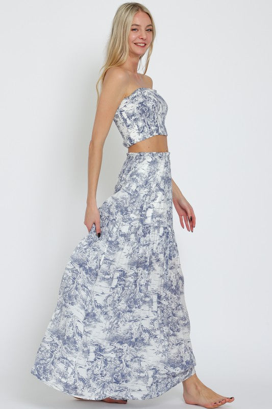 ESA61265H ELASTIC SMOCKED TUBE TOP&TIERED MAXI SKIRT SET
