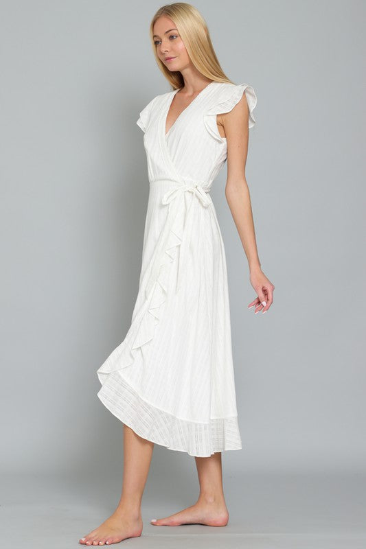 DA29526H RUFFLE SLEEVE LACE TRIM NECK WRAP MIDI DRESS