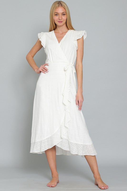 DA29526H RUFFLE SLEEVE LACE TRIM NECK WRAP MIDI DRESS