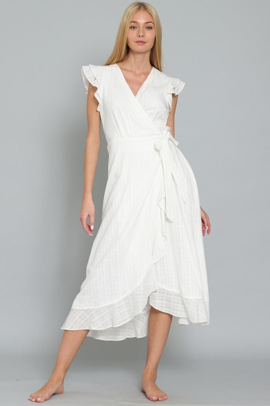 DA29526H RUFFLE SLEEVE LACE TRIM NECK WRAP MIDI DRESS