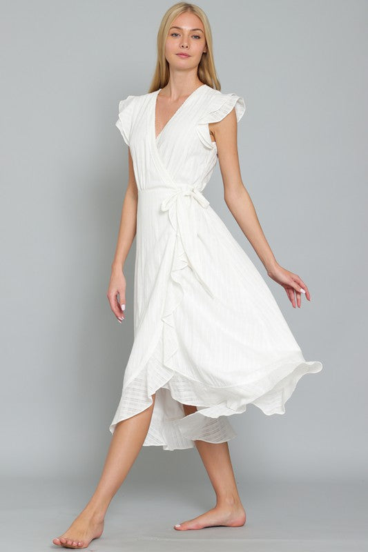 DA29526H RUFFLE SLEEVE LACE TRIM NECK WRAP MIDI DRESS