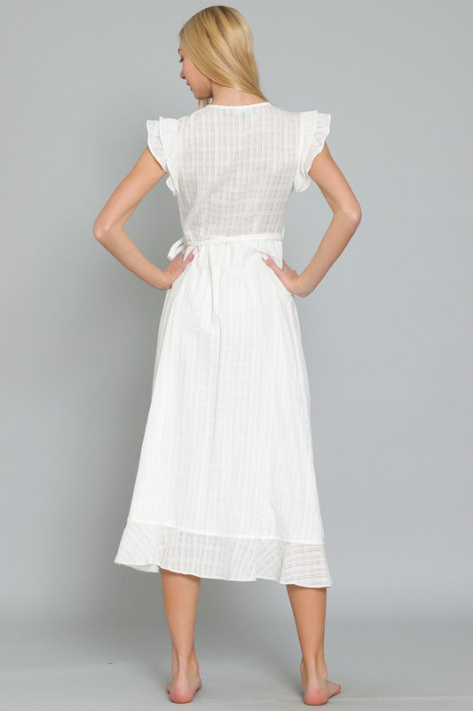 DA29526H RUFFLE SLEEVE LACE TRIM NECK WRAP MIDI DRESS