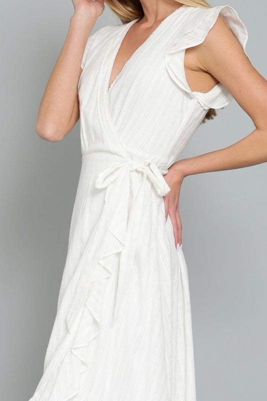 DA29526H RUFFLE SLEEVE LACE TRIM NECK WRAP MIDI DRESS