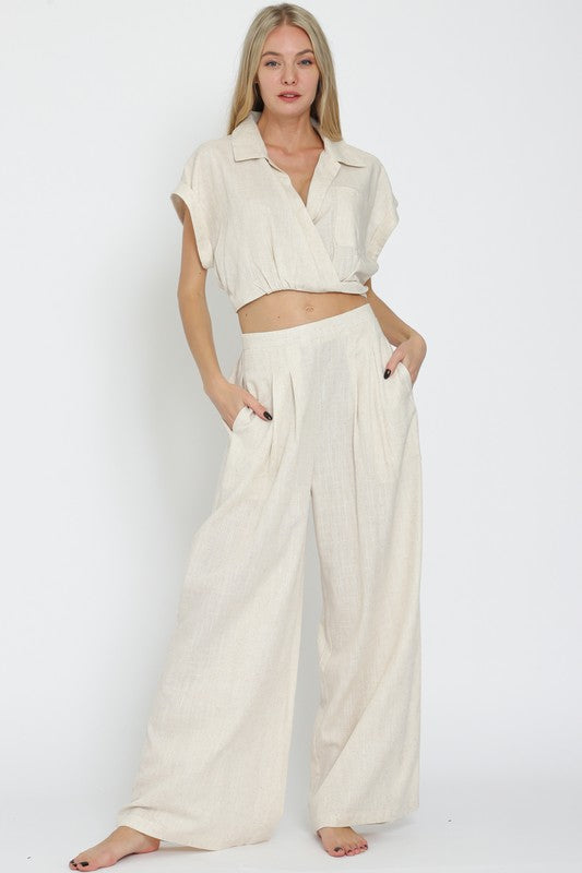 EPA61589H SHIRT COLLAR LINEN TOP & LONG PANTS SET