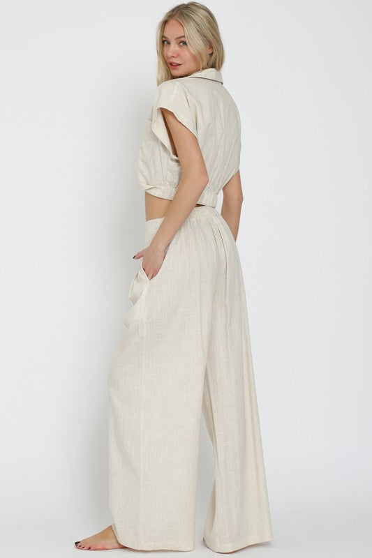 EPA61589H SHIRT COLLAR LINEN TOP & LONG PANTS SET