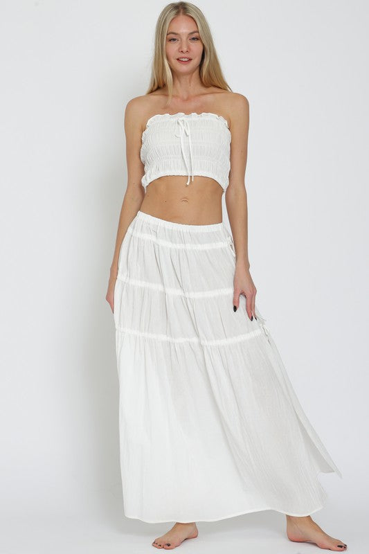 ESA61610H TUBE ELASTIC TOP AND ELASTIC TIERED MIDI SKIRT SET