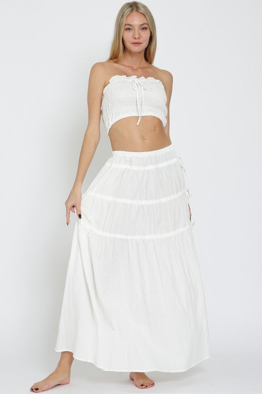 ESA61610H TUBE ELASTIC TOP AND ELASTIC TIERED MIDI SKIRT SET