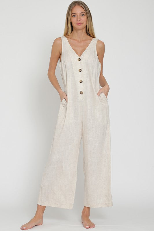 RA92626D SLEEVELESS BUTTON DOWN LINEN JUMPSUIT