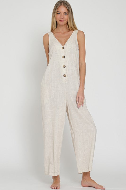 RA92626D SLEEVELESS BUTTON DOWN LINEN JUMPSUIT