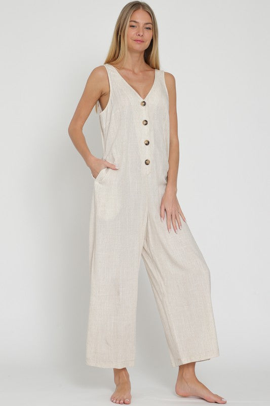 RA92626D SLEEVELESS BUTTON DOWN LINEN JUMPSUIT