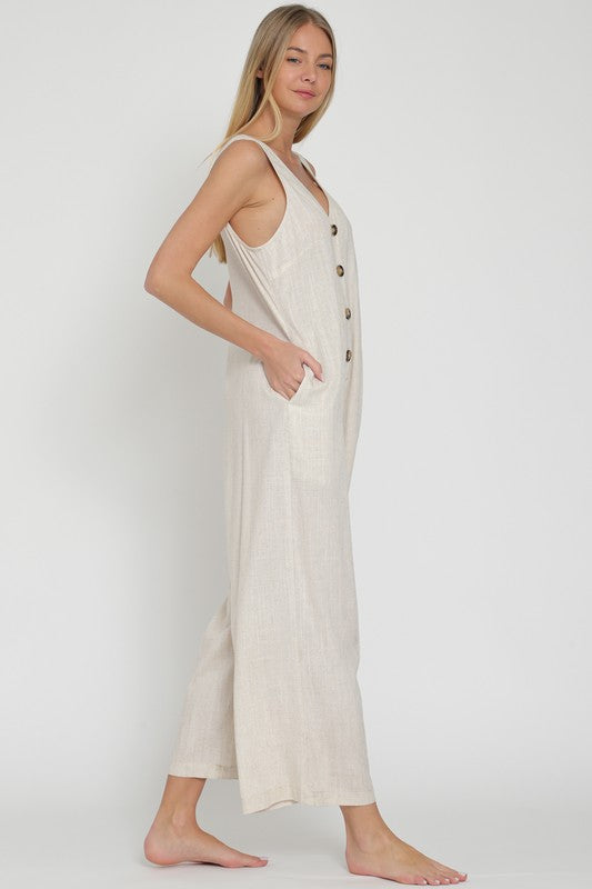 RA92626D SLEEVELESS BUTTON DOWN LINEN JUMPSUIT