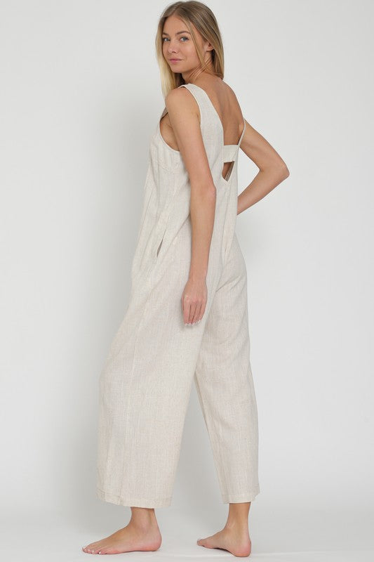 RA92626D SLEEVELESS BUTTON DOWN LINEN JUMPSUIT