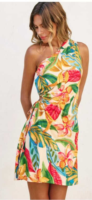 FD11954 BOTANICAL GARDEN ONE SHOULDER MINI DRESS