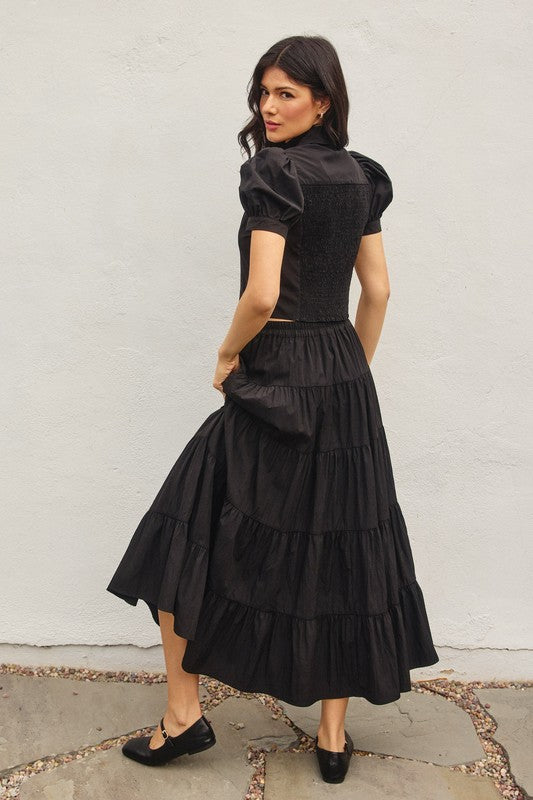 FS12417 BLACK Polka Bow Tie Tiered Skirt