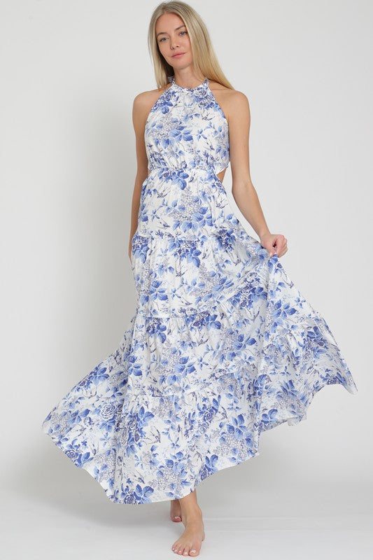 DA30564H Halter Tie Back Chest Tiered Maxi Dress