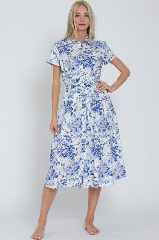 DA31995D Short Sleeve Button Down Belted Midi Dress