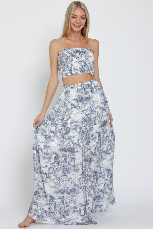 ESA61265H ELASTIC SMOCKED TUBE TOP&TIERED MAXI SKIRT SET