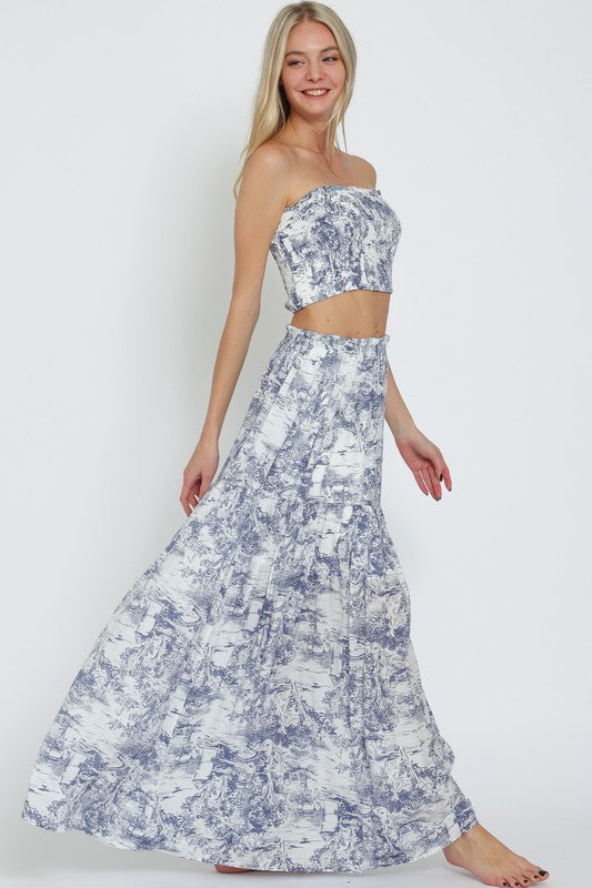 ESA61265H ELASTIC SMOCKED TUBE TOP&TIERED MAXI SKIRT SET