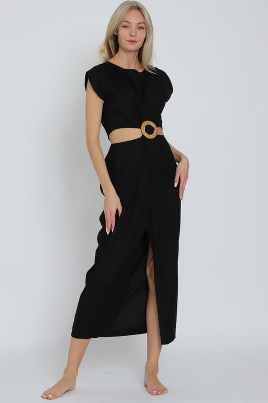 DA31596H SLEEVELESS CUT-OUT ELATIC BACK WAISTED MIDI DRESS