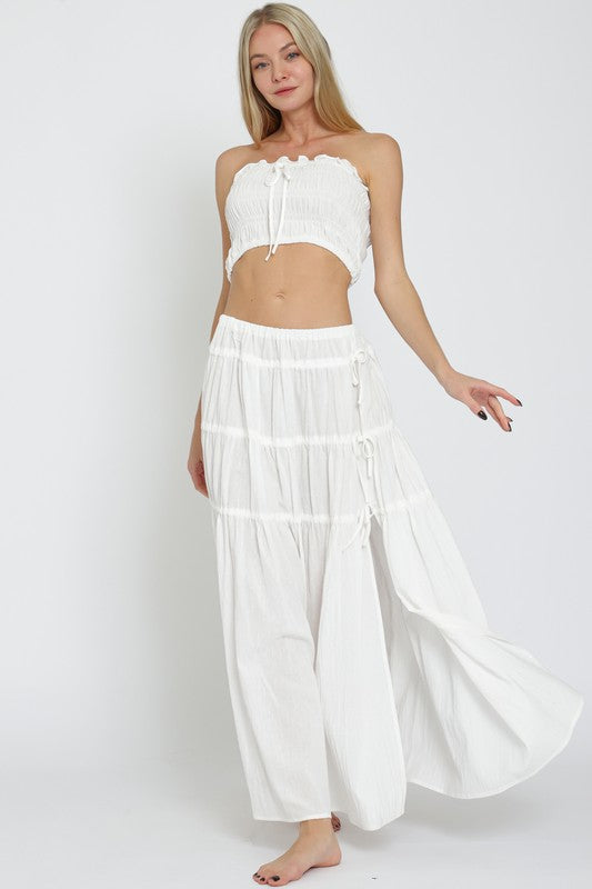 ESA61610H TUBE ELASTIC TOP AND ELASTIC TIERED MIDI SKIRT SET