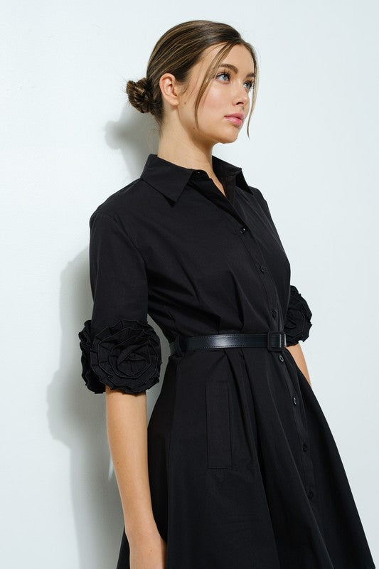 IDM11559 3D Floral Applique Short Sleeve Mini Shirt Dress