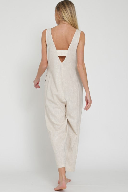 RA92626D SLEEVELESS BUTTON DOWN LINEN JUMPSUIT