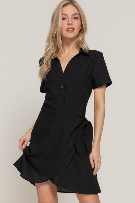 D14245 BUTTON DOWN SIDE BOW LINEN EFFECT MINI DRESS